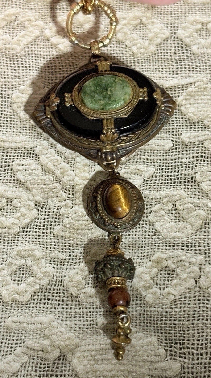 Antique Victorian Onyx Brass Tigers Eye Agate Pendant No Chain 4 Inches