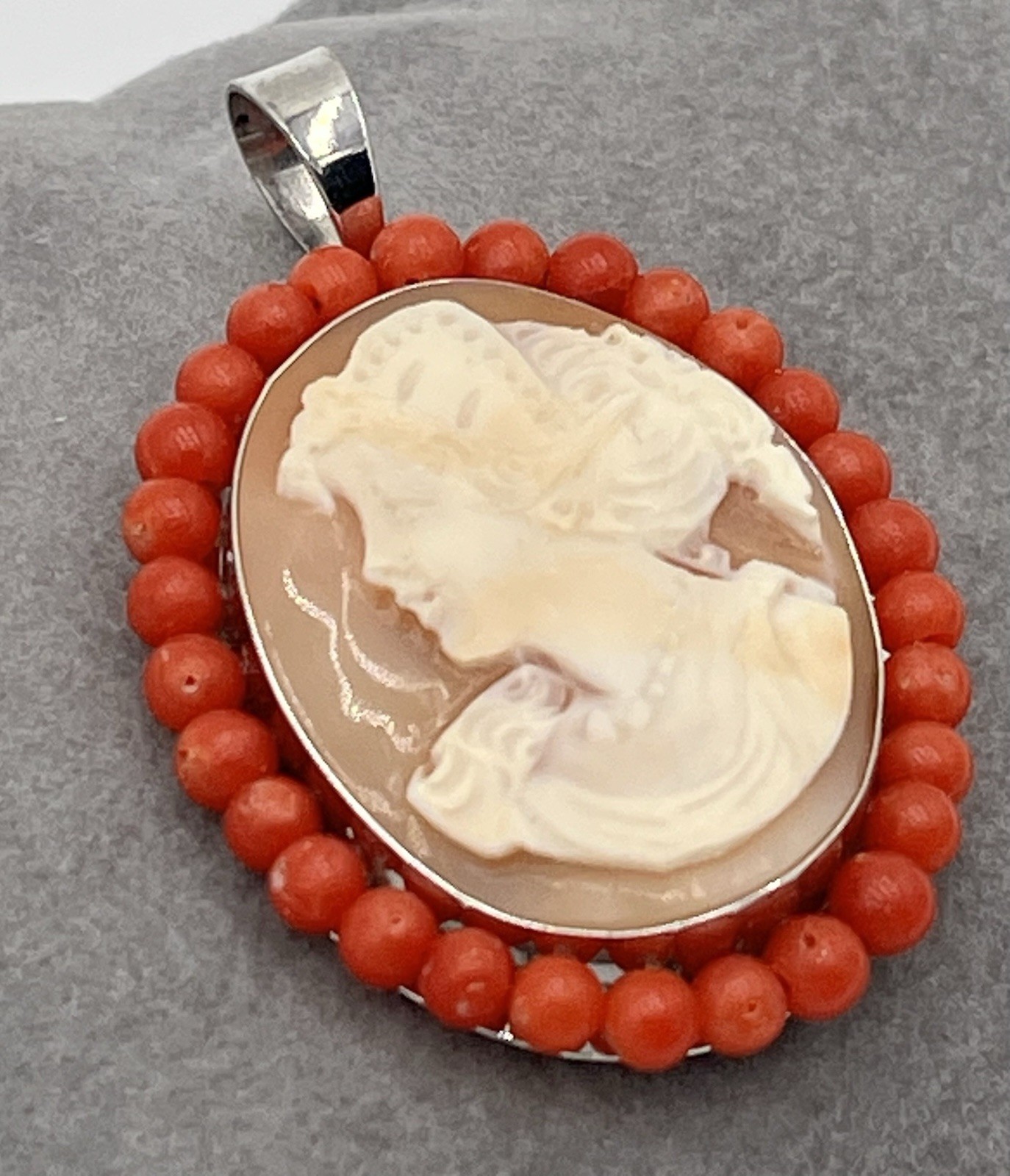 Cameo Corniola Shell Pendant 30mm Silver 925 Red Coral Handmade