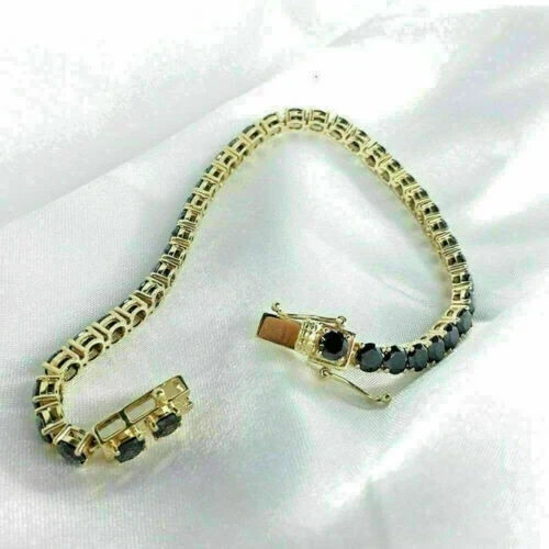 5MM Round Cut Black Lab Created 14K Yellow Gold Plated 7.5”In Tennis Bracelet