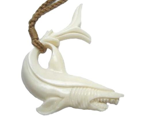 56MM CARVED WATER BUFFALO BONE HAWAIIAN MANO NIUHI SHARK PENDANT NECKLACE 28″