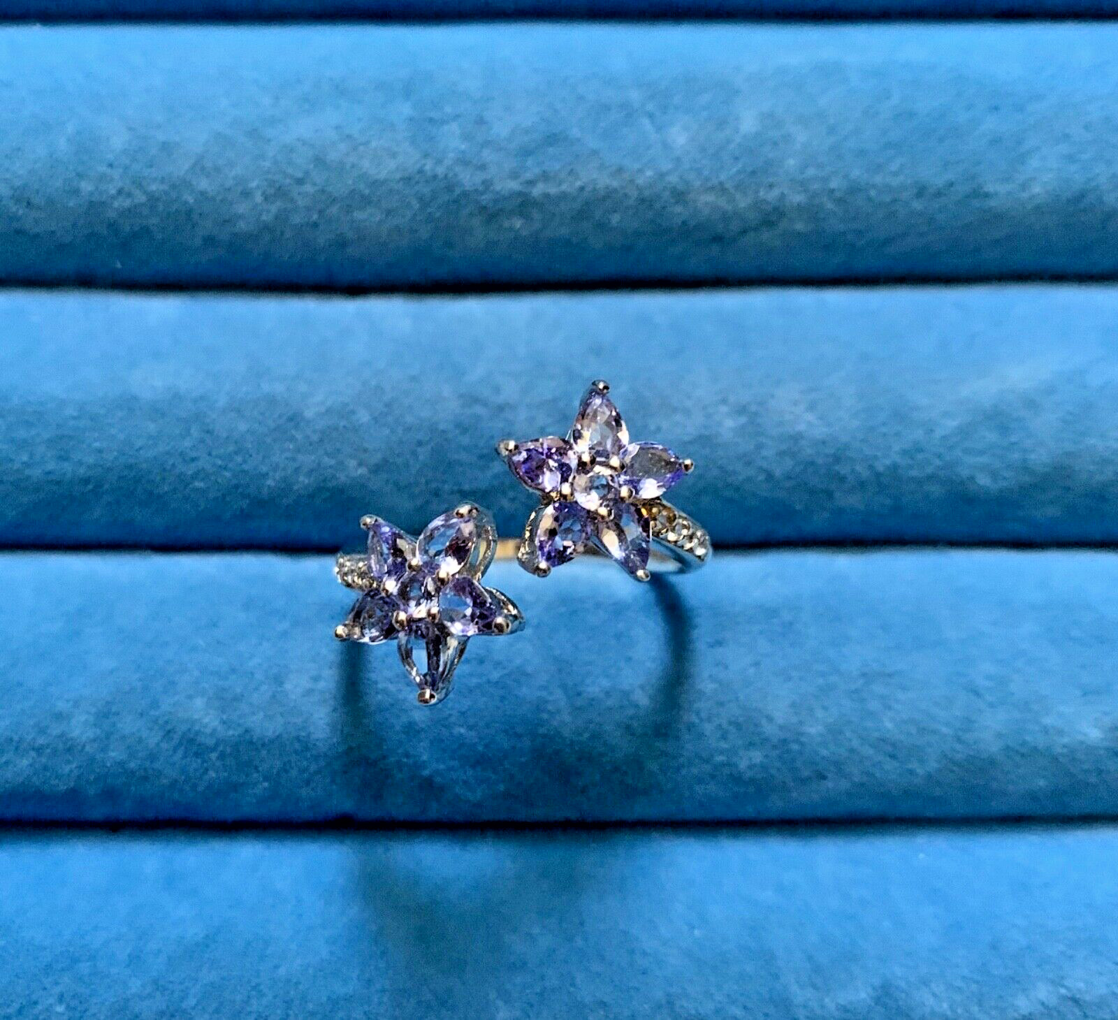 Tanzanite, Natural White Zircon Floral Bypass Ring in Sterling Silver (Size 9.0)