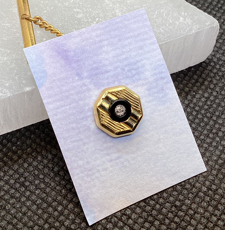 Very Nice Gold tone Octagon Tie Tack Tie Pin With Clear Stone Black Halo