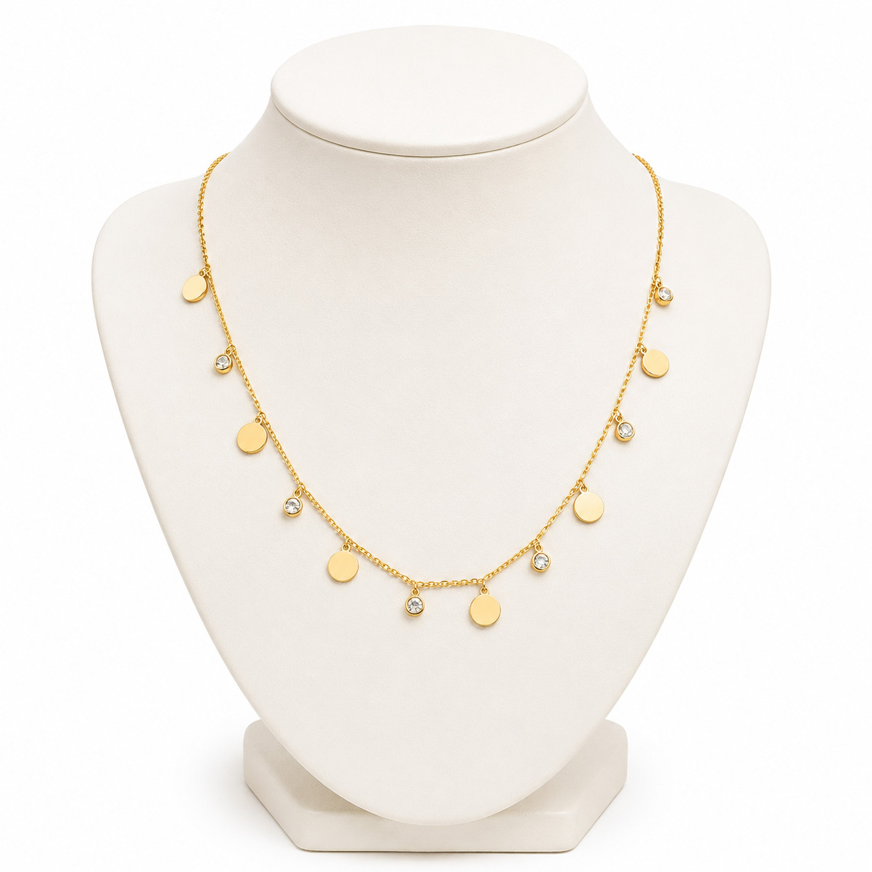 Elegant Gold Tone Disc Charm Necklace with Crystal Accents – Minimalist Fashion
