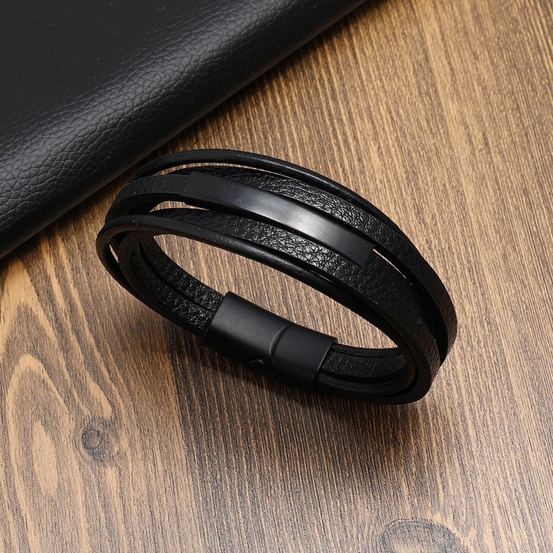 Men’s Leather Braided Bracelet Multilayer Retro Magnet Clasp Bangle Wristband