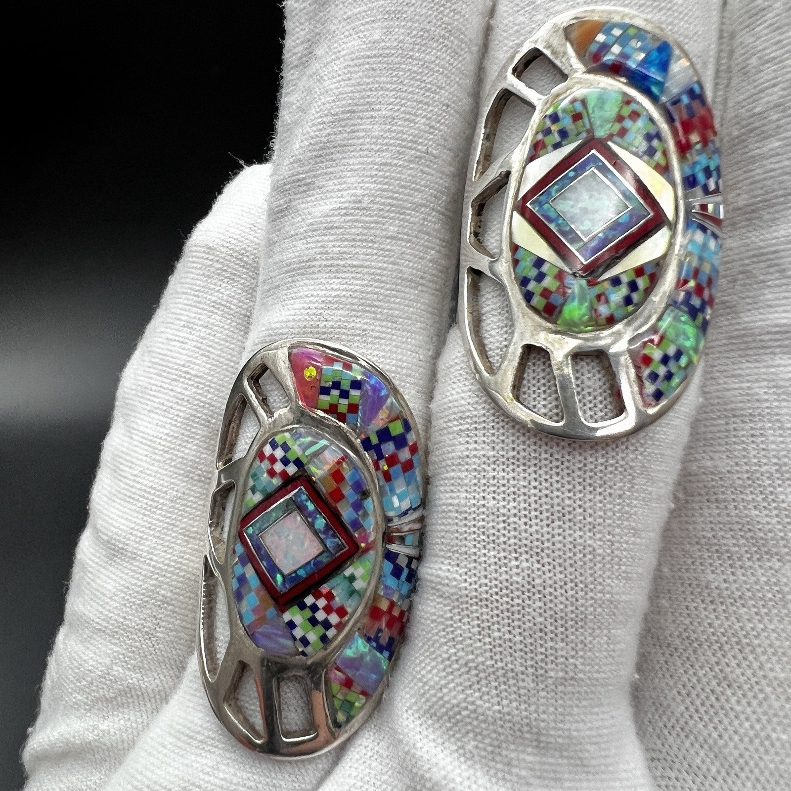 Sterling Silver Inlay Native American Ring Turquoise Opal & Other Size 7.5 10g