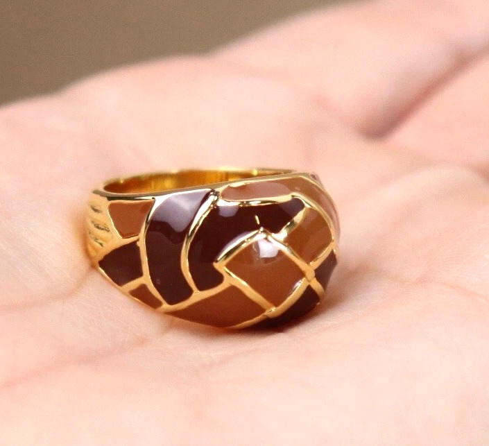 Gold Tone Enamel Statement Cocktail Geometric Ring Burnt Orange Brown Sz 7.5