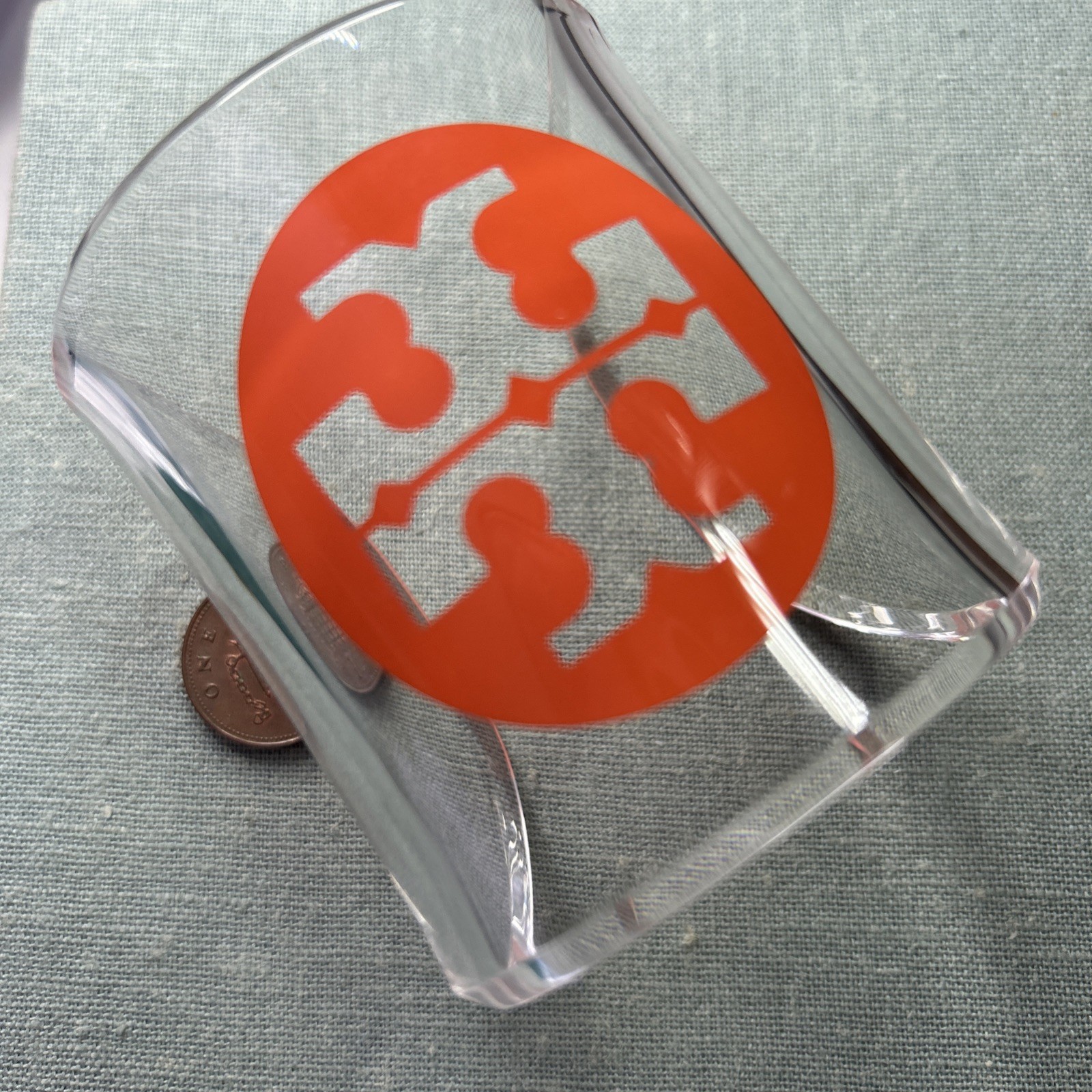 TORY BURCH White Clear Lucite Orange Logo Wide Cuff Bracelet