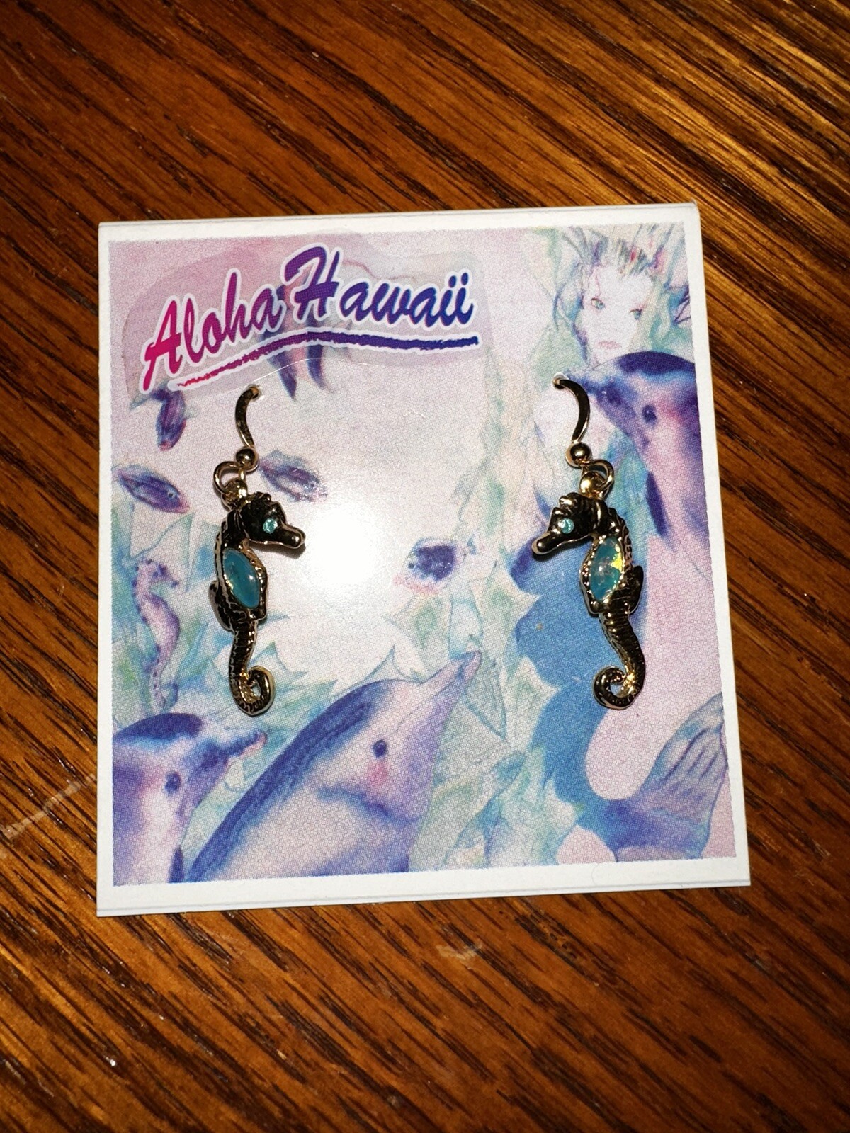 Lightshine Sea Gems Brass Hook Earrings Layered With 14K Gold Seahorses NEW
