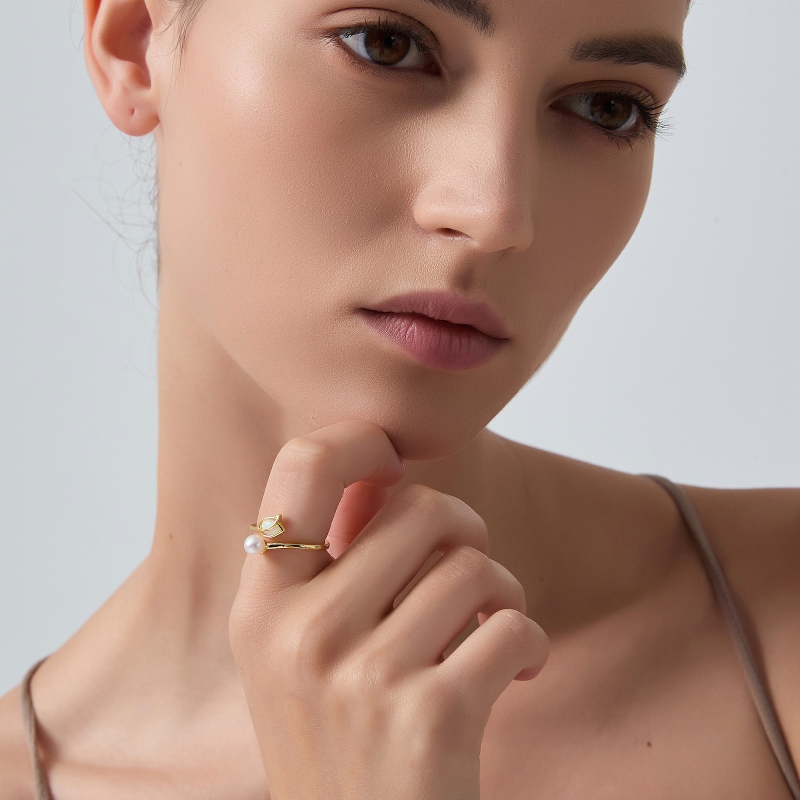 Opal Tulip Flower Pearl Bypass Ring in 925 Sterling Silver