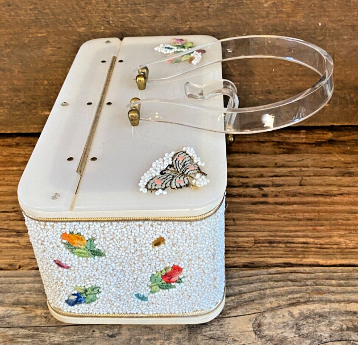 Vintage 50’s Midas of Miami Beaded Acrylic Lucite Purse Handbag Box