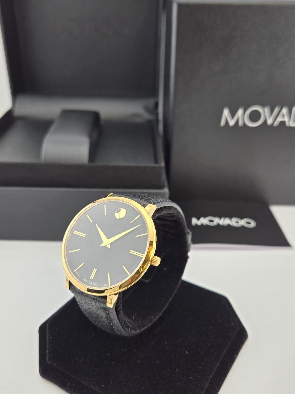 Movado Women’s Ultra Slim Black Dial Gold Tone Case Watch – 0607091 ($795 MSRP)