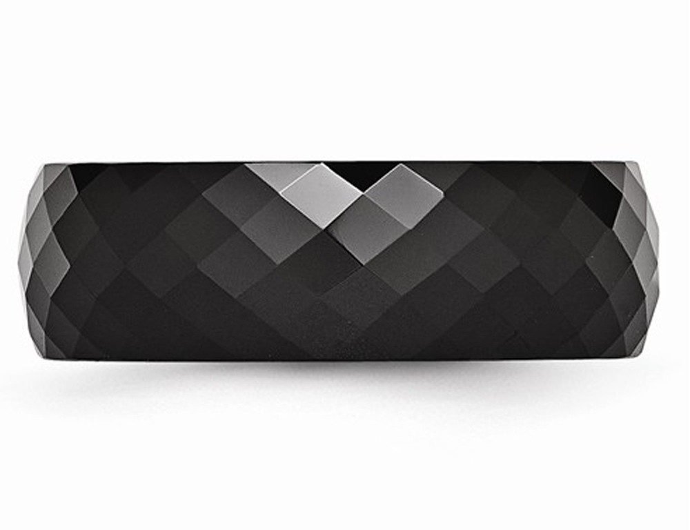 Mens 8mm Faceted Black Ceramic Wedding Band Ring