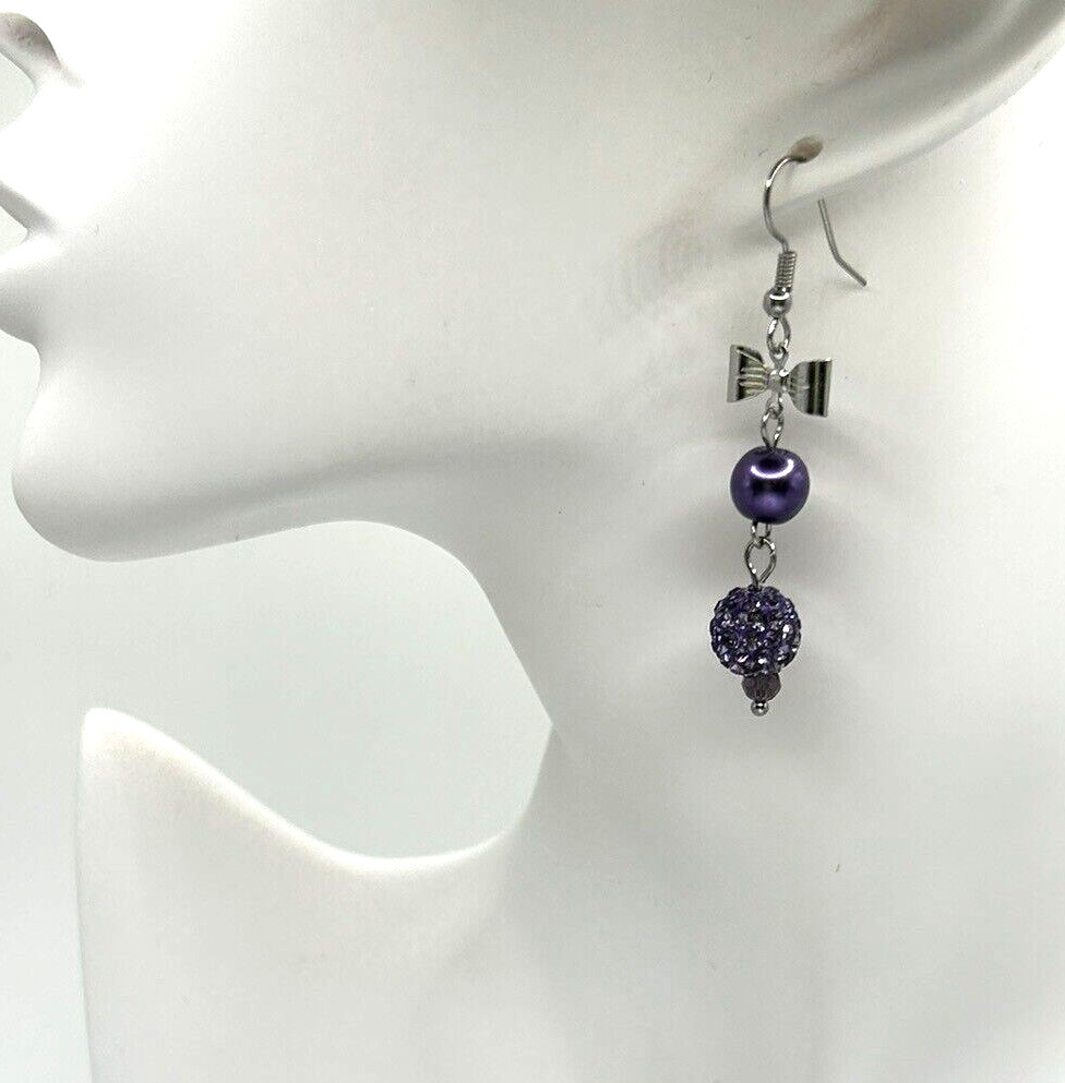 Purple Glass Pearls & Pave Crystals With Bows Beaded Dangle Drop Earrings