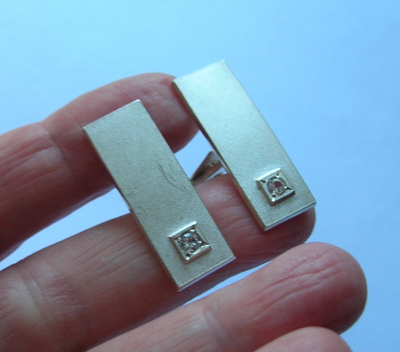 MID 20TH CENTURY VINTAGE SCANDINAVIAN 835 SILVER & CRYSTAL RECTANGULAR CUFFLINKS