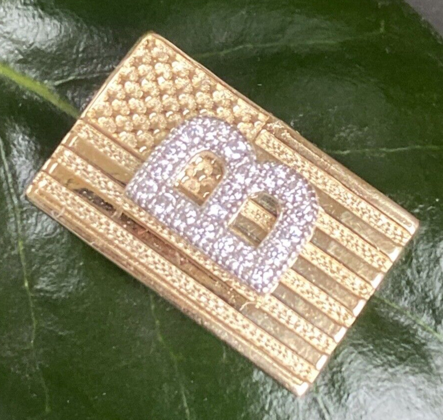 Vintage Diamond Pendant Remember 09/11/2001 B Initial 14K Yellow Gold USA Flag
