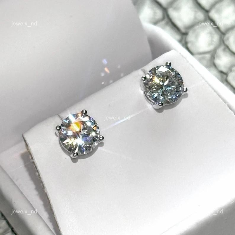 Round Natural Diamond Christmas New Stud Artisan Earrings Jewelry 14K White Gold