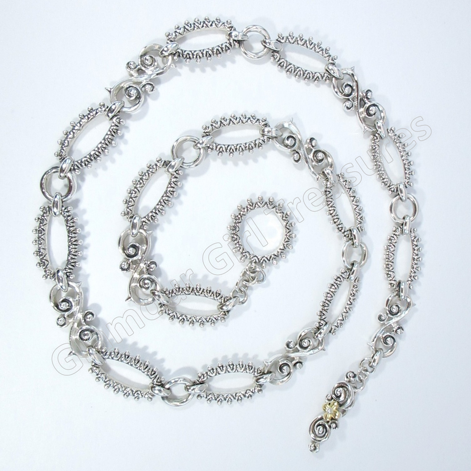 Barbara Bixby Sterling & 18K Gold Flower Scroll & Oval Link 20″ Toggle Necklace