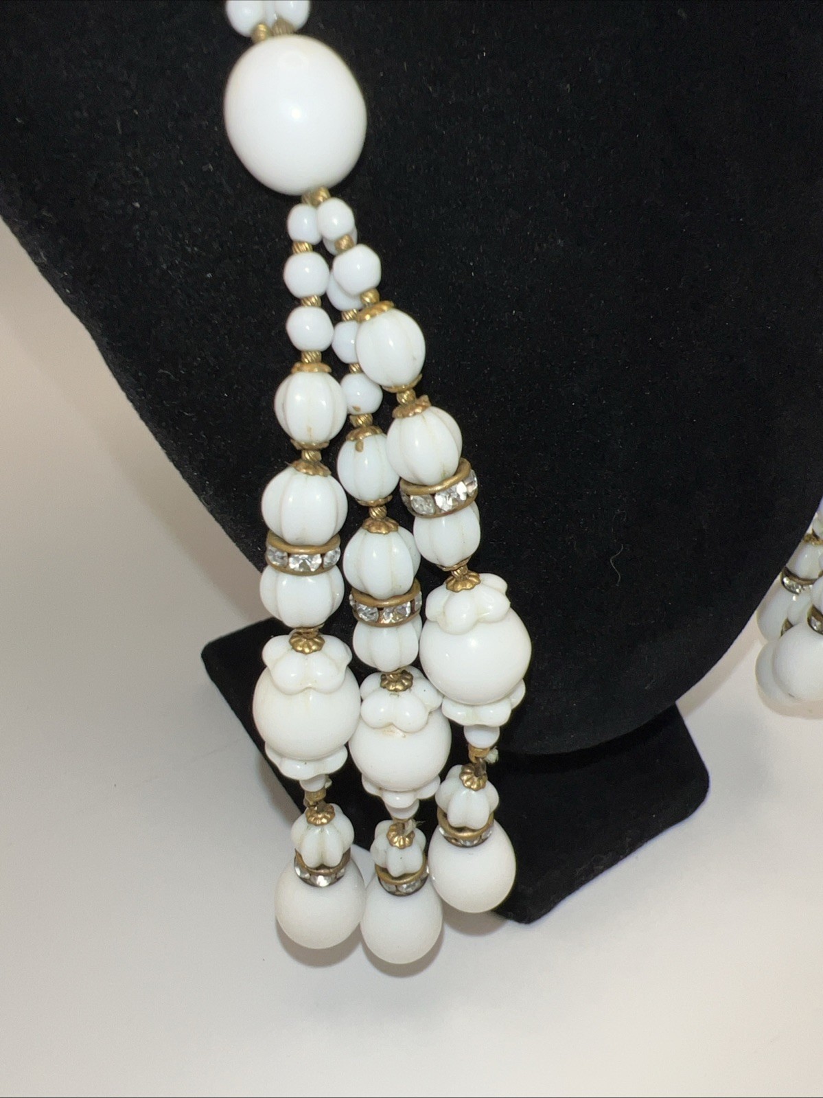 1930s 40s Milk Glass Lariat Necklace Rhinestone Multi Strand Art Deco 34”
