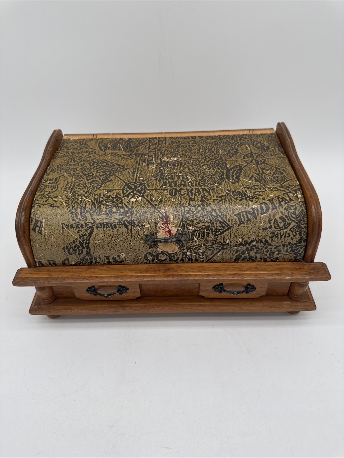 Wooden Old World Map Jewelry Box Approx 11’x8″ Hinged Top and 1 Drawer