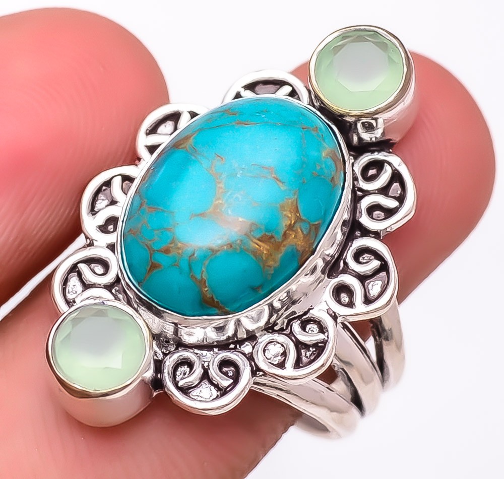 Copper Blue Turquoise & Chalcedony 925 Silver Plated Ring s.9 F533