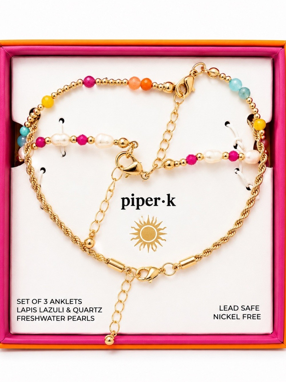 Piper K Freshwater Pearl & Quartz 3 Piece Anklet Set Gold Tone Boho Chic