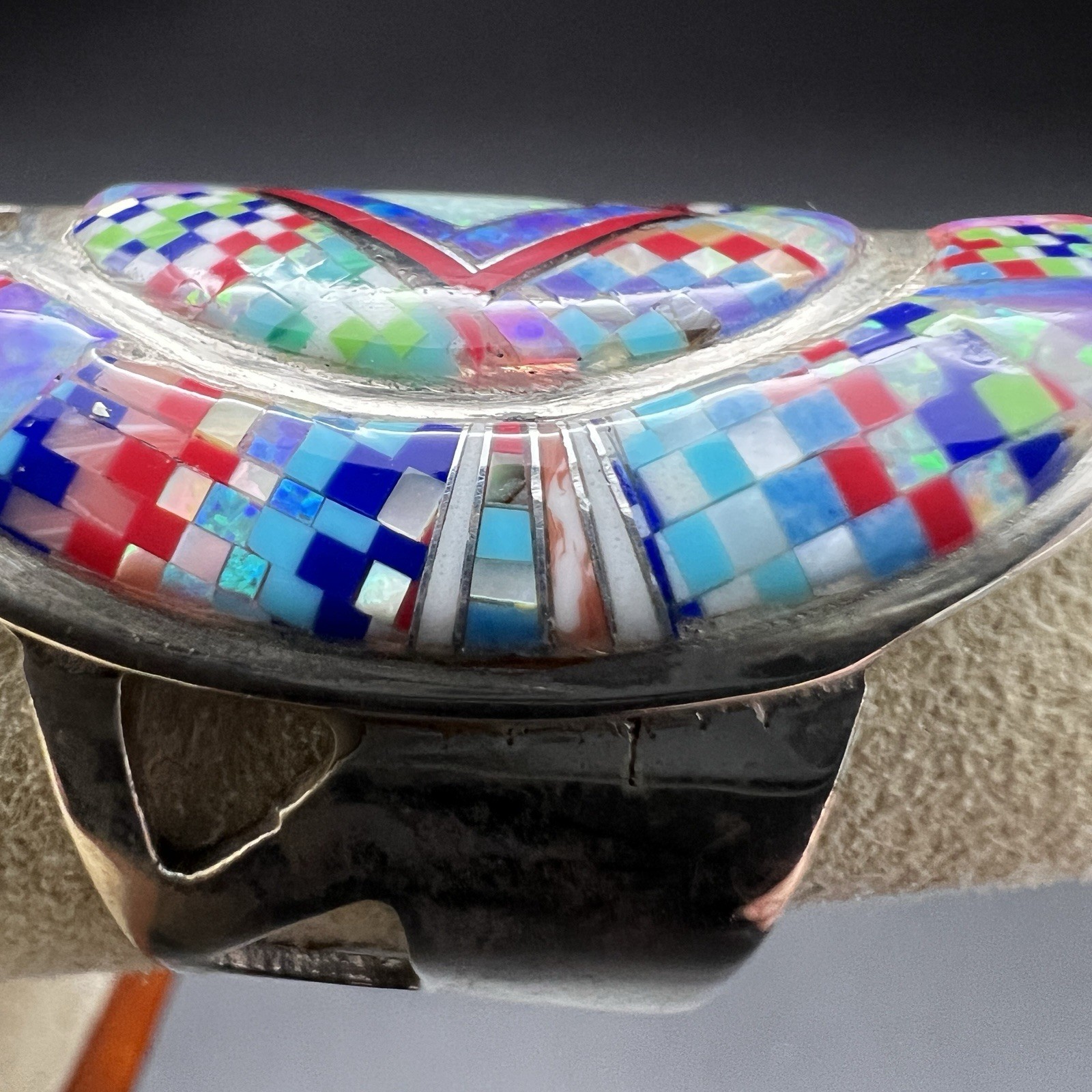 Sterling Silver Inlay Native American Ring Turquoise Opal & Other Size 7.5 10g
