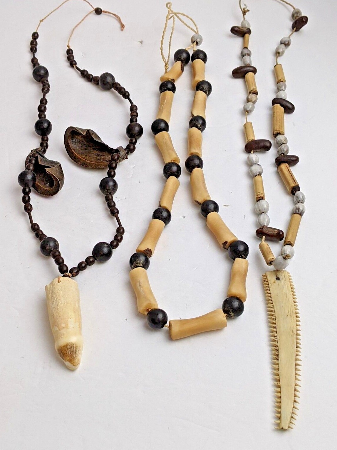 3 Vtg South American Tribal Necklaces Penis Bone Jaw Bone, Seeds, Bamboo, Nuts