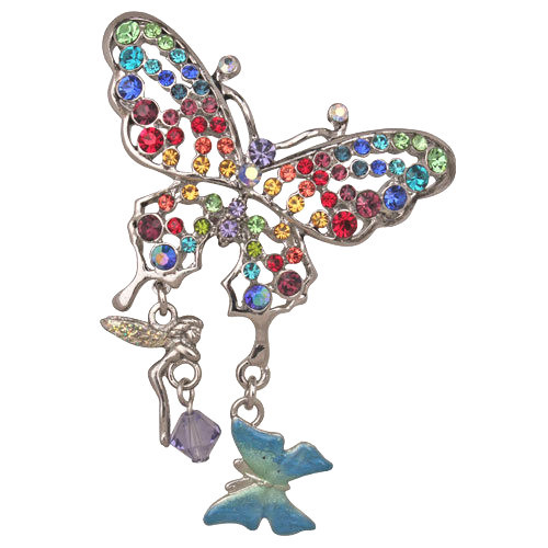 Kirks Folly Rainbow Butterfly Pin w/Fairy Charm-Silvertone 2-1/8″ x 1-3/4″