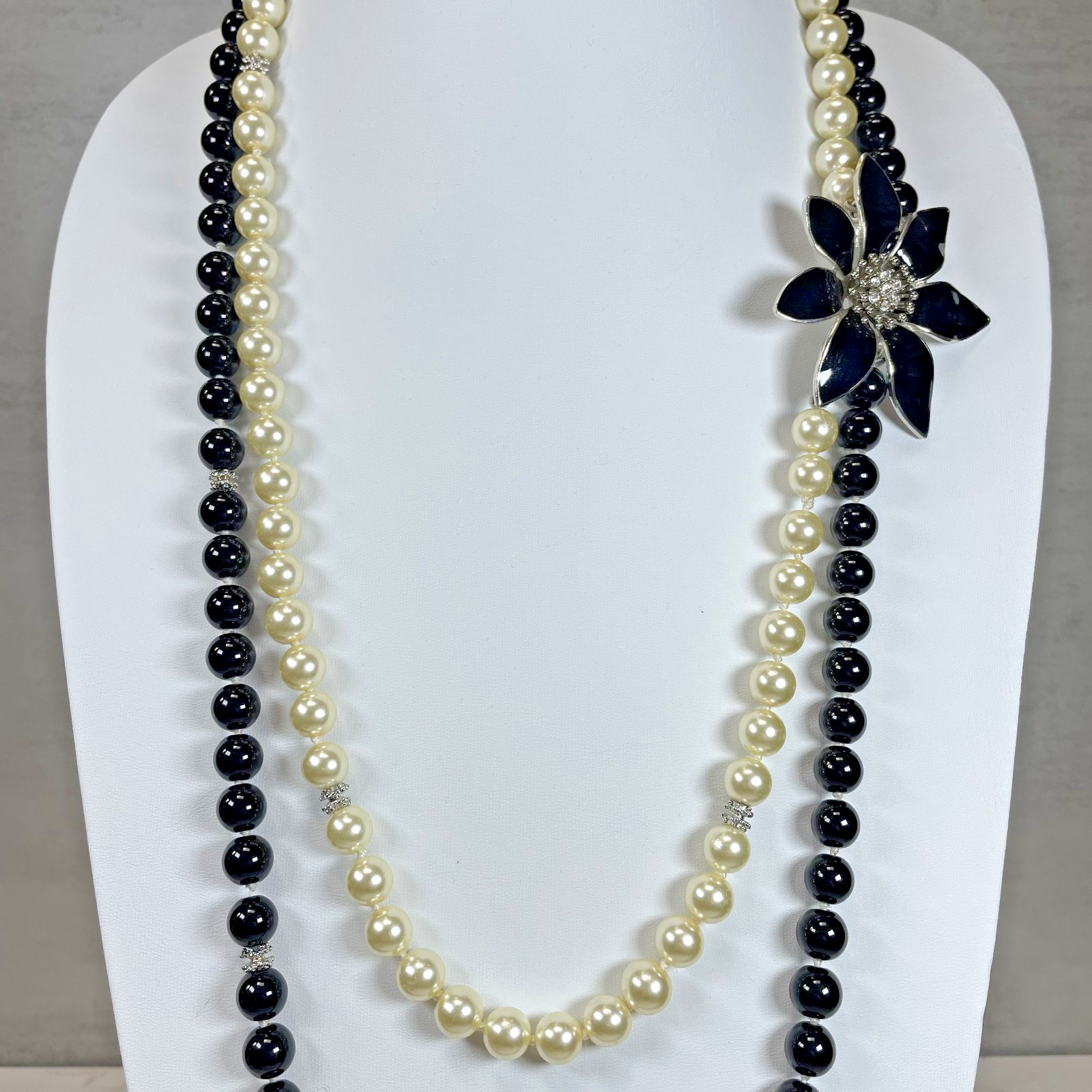 Stunning Talbots Signed Black Enamel Rhinestone Flower Two Strand Bead Necklace
