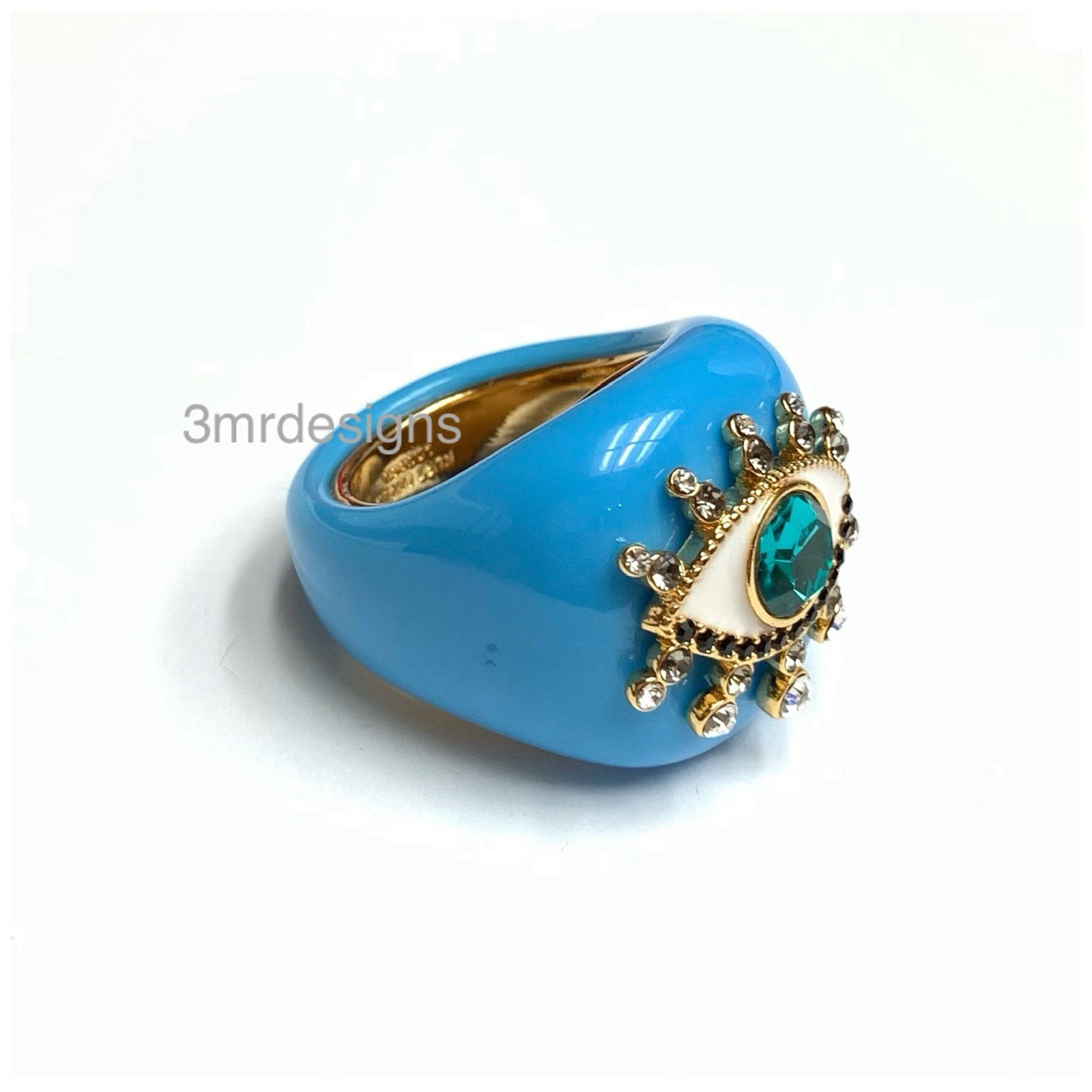 NIB KURT GEIGER LONDON Evil Eye Gold Tone Faceted Crystals Resin Dome Ring-Sz.9
