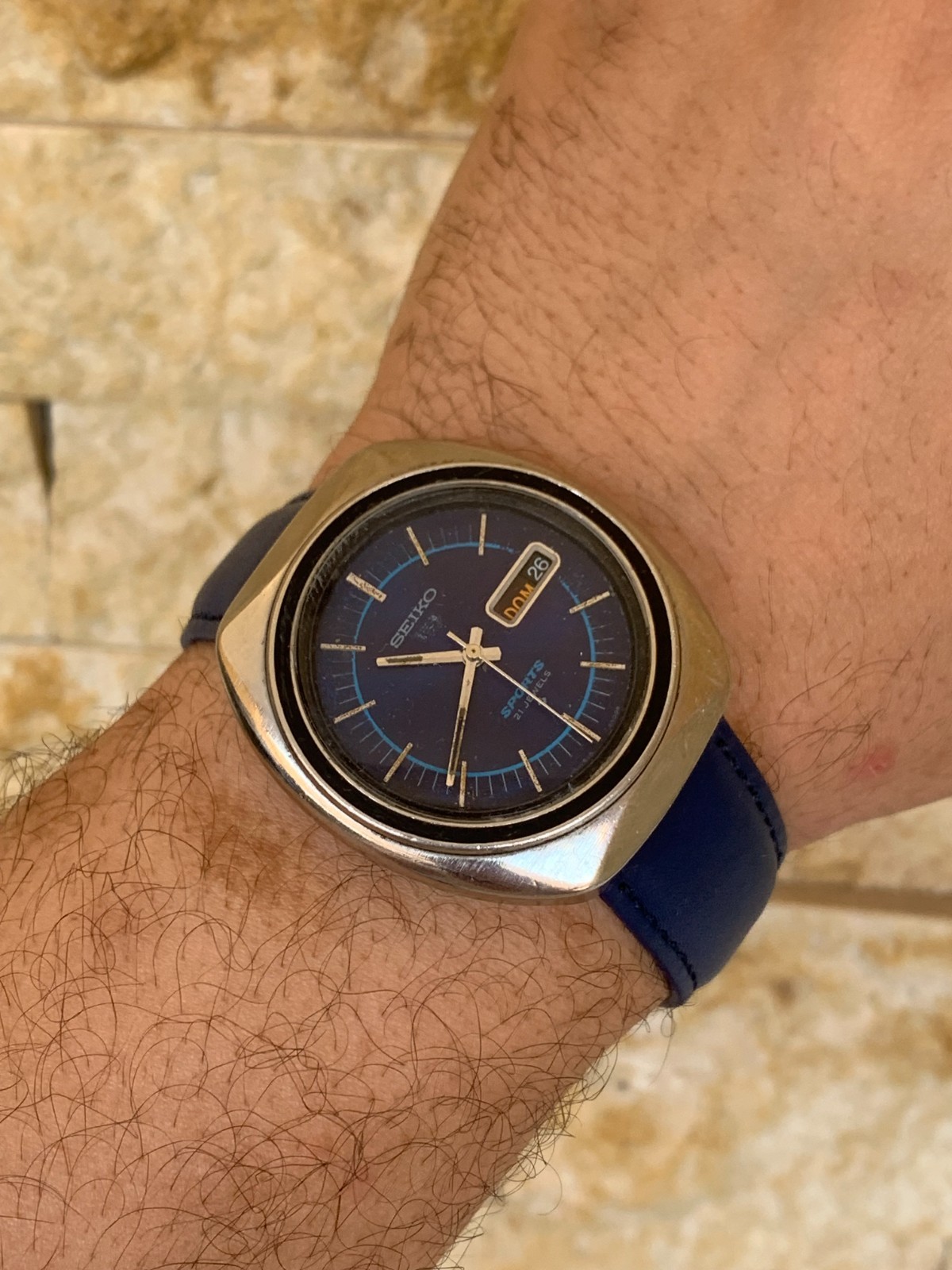 Vintage Seiko 5 Sports 6319-8070 Watch 1970s Blue Dial UFO Automatic 41mm Jumbo