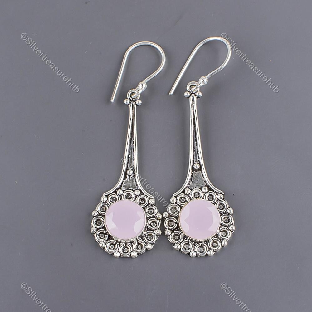 round Rose Chalcedony Stone Boho Dangle Bezel Daughter Earrings Sterling Silver
