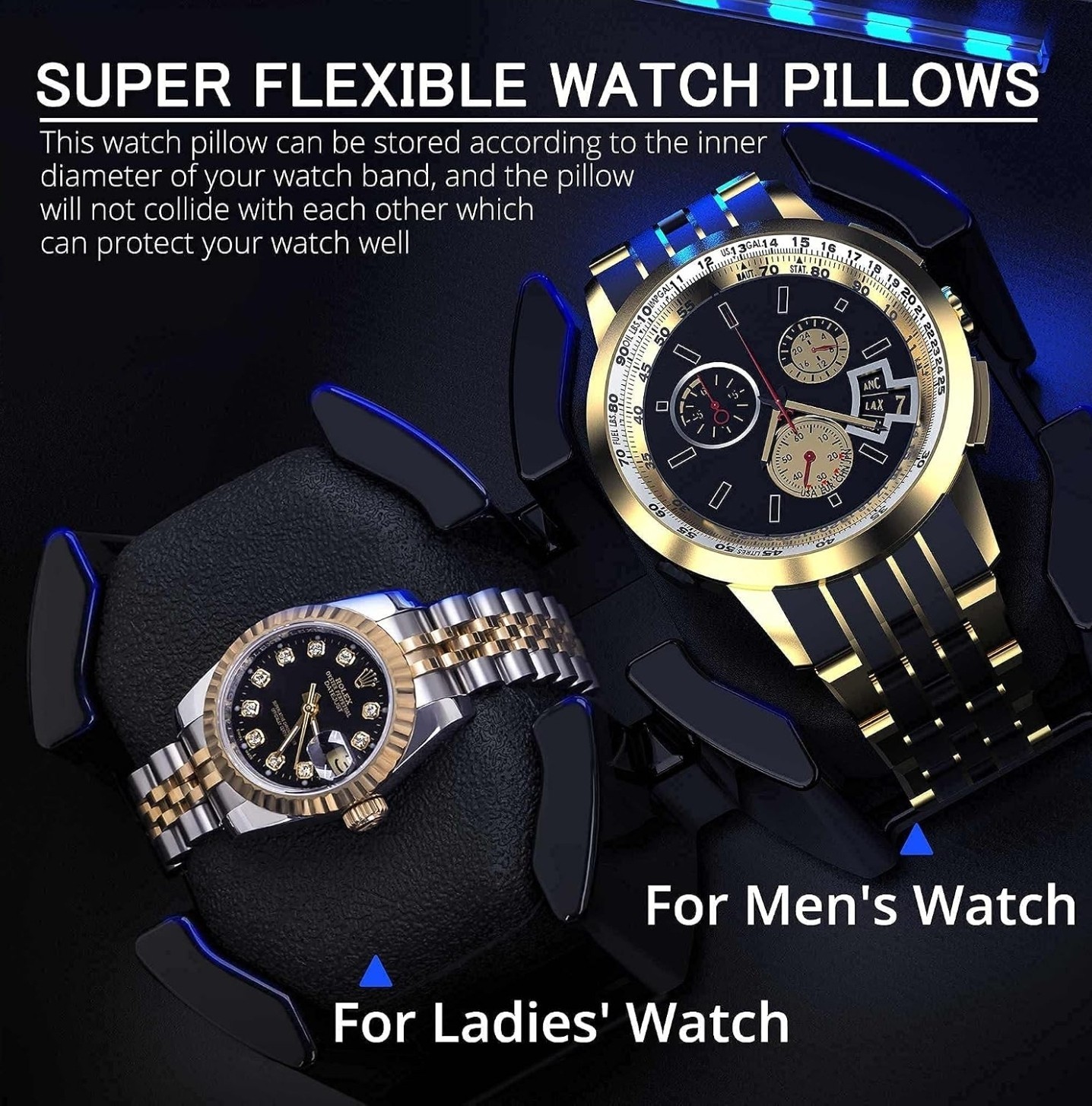 NEW! Double Watch Winder+ 3 Soft Leather Pillows LED Light, Quiet Motor
