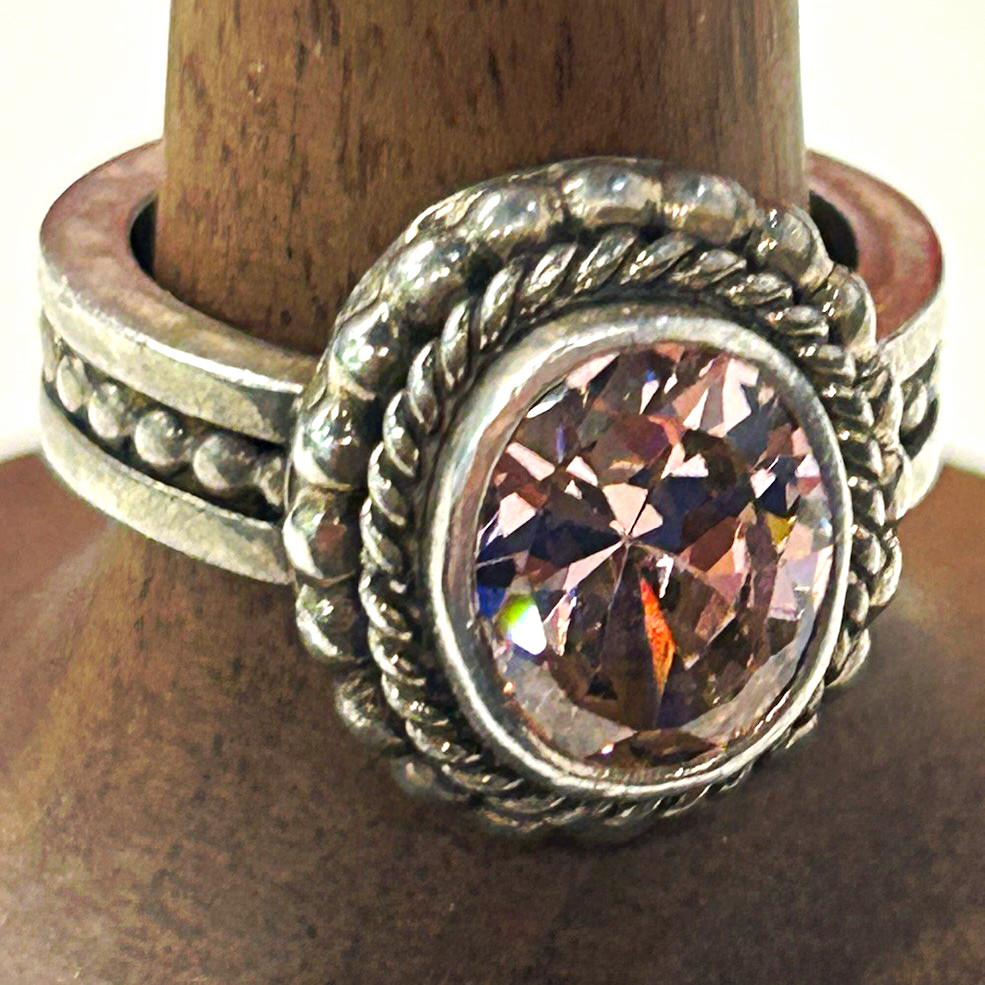 925 Sterling Silver Signed Bezel Set Oval Pink Kunzite Ring Band Size 5.25