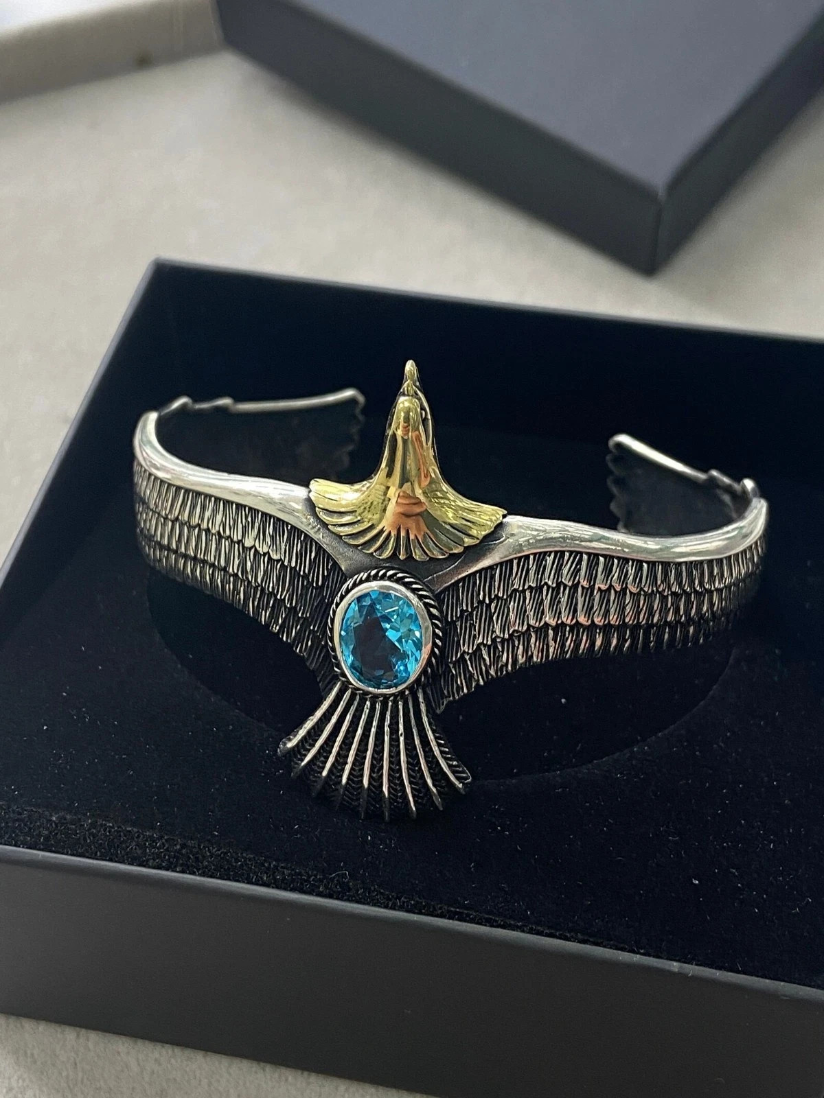 German Silver 925 Stamped Eagle Bracelet with Aquamarine Cuff Bangle