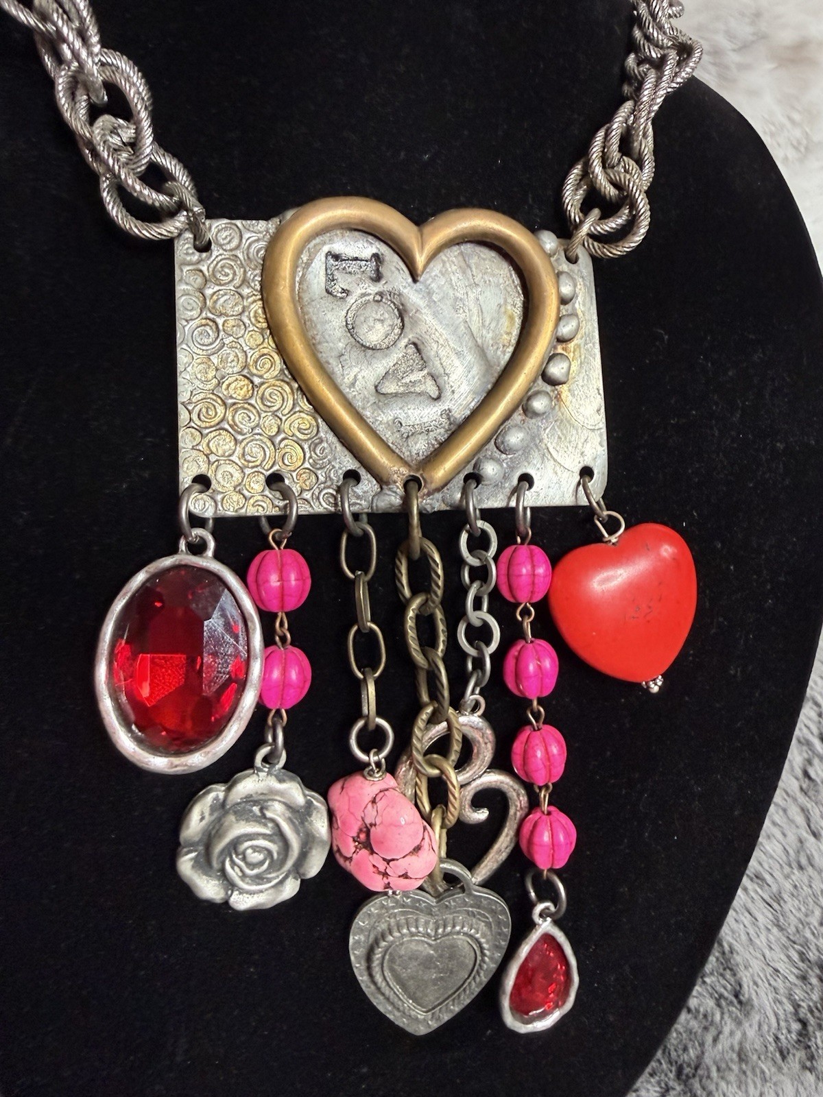 Art by Amy Labbe OOAK Mixed Media Heart Charm Statement Necklace
