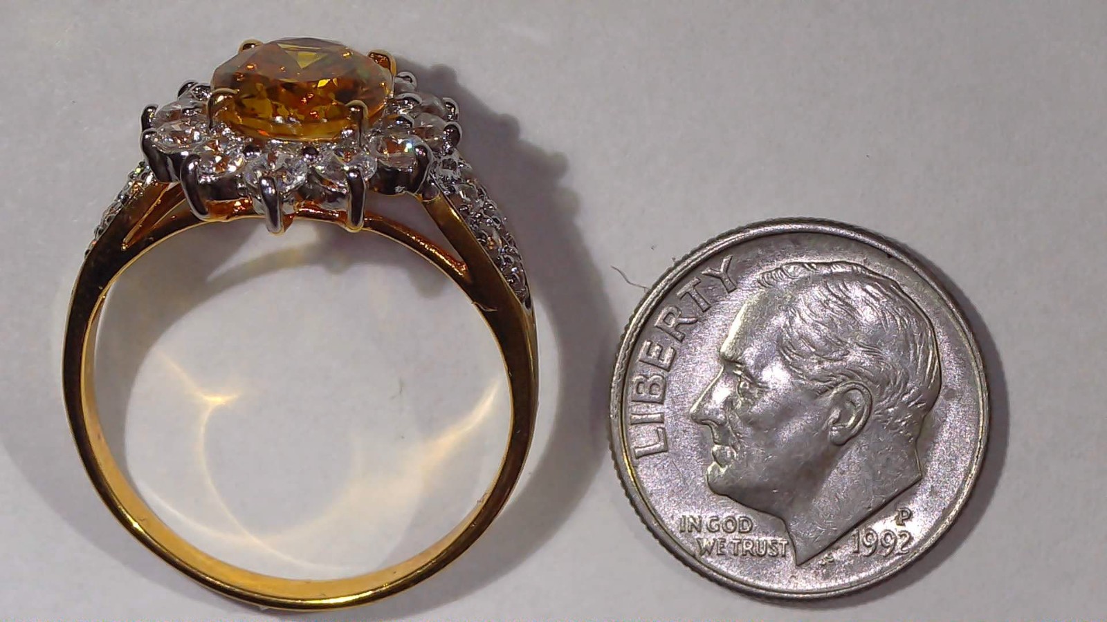 Vtg 18K Yellow Gold Plated Faux Citrine & Faux Diamond Cocktail Ring – Size 9.75