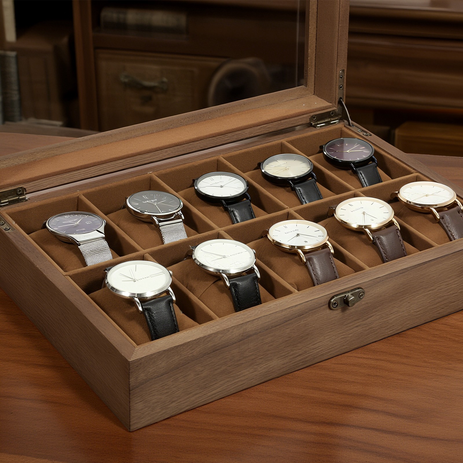 10 Slots Watch Box Wooden Jewelry Organizer Display Case with Glass Lid Gift