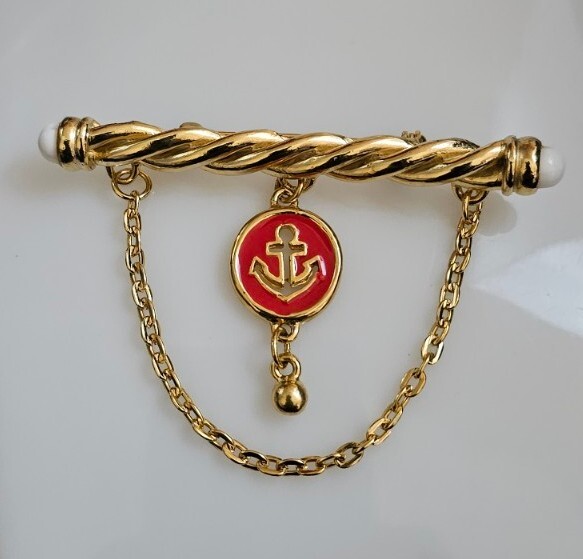 2- Anchors Brooches. 1- Bar And Chain With Dangling Anchor/ Other Gold Tone