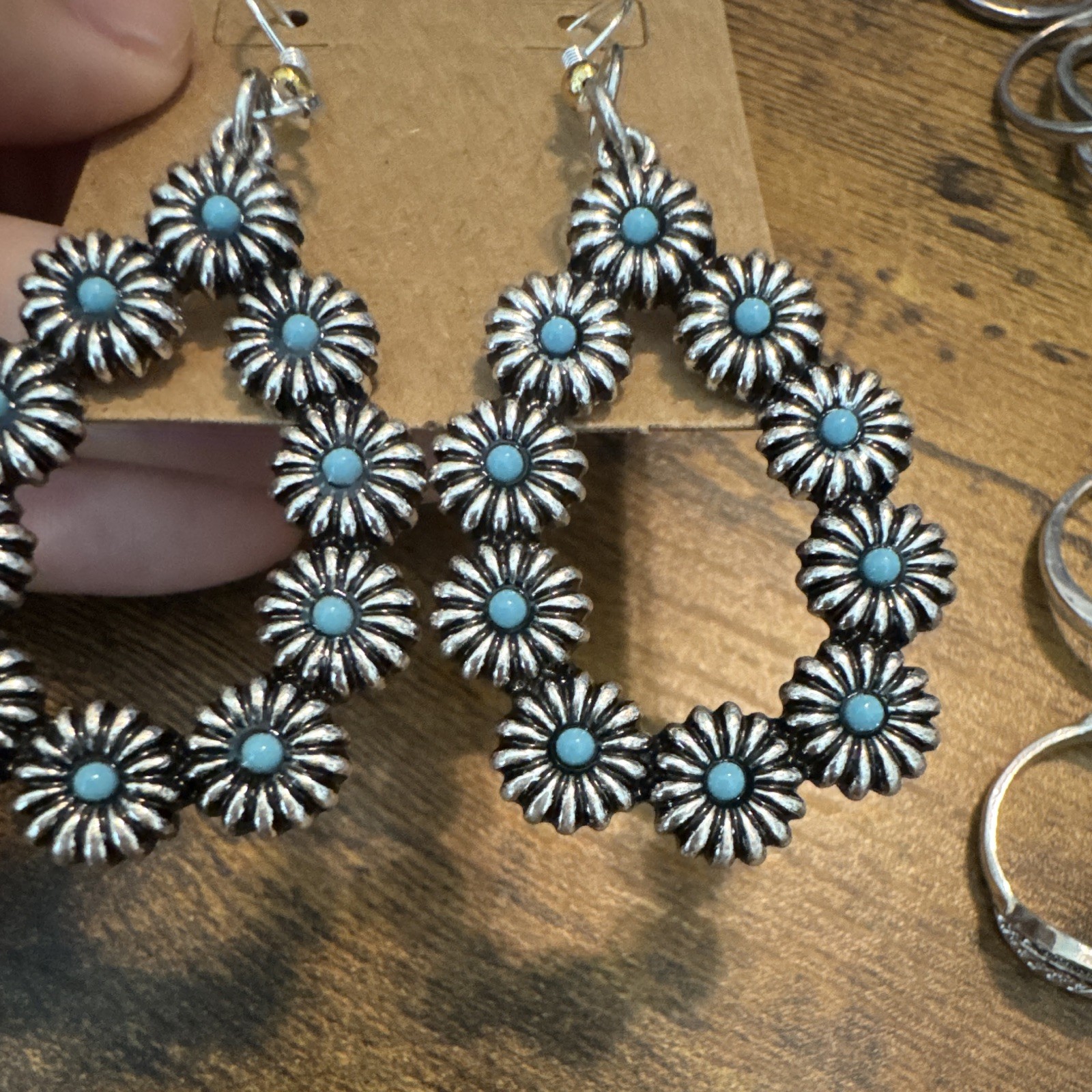 Women’s Silver Tone Blue Flower Teardrop Hook Dangle/Drop Earrings