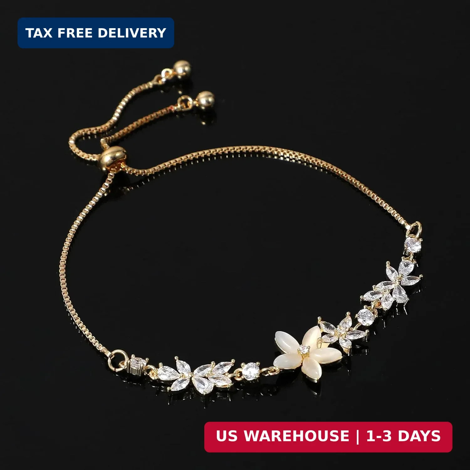 Gold Adjustable Bracelets for Women,Dainty Flower Bracelet Rhinestone Slider Flo