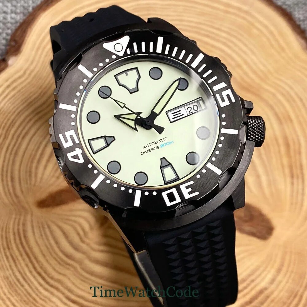 Tandorio Black Automatic Watch for Men NH36 Sapphire Crystal Date Day Full Lume