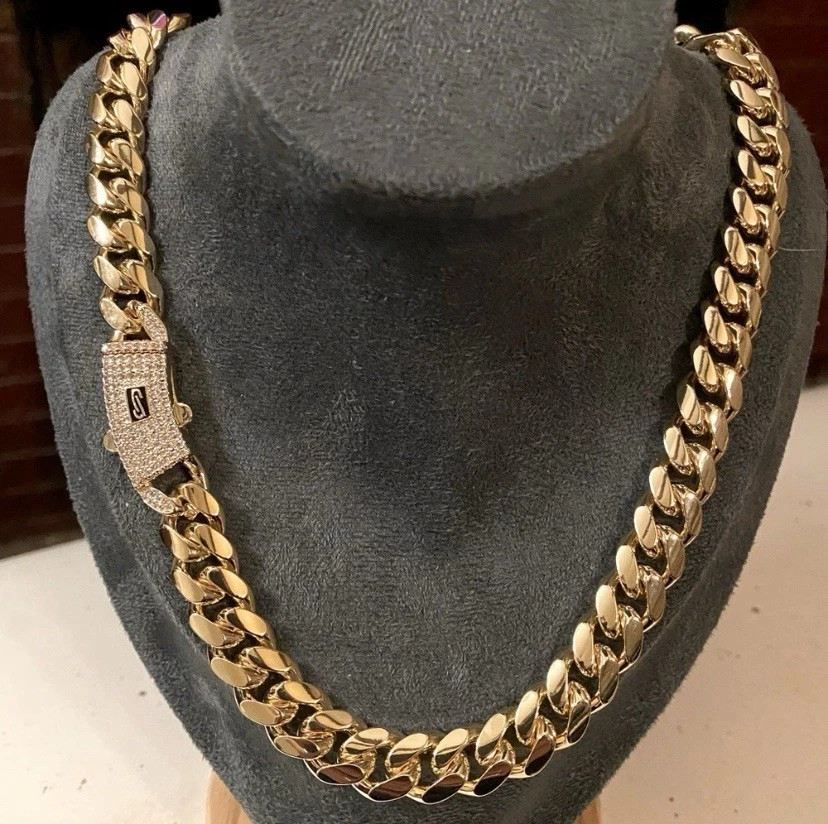 Monaco Miami Cuban Link 11mm Chain Icy CZ Clasp 14K Gold Plated Necklace 24”