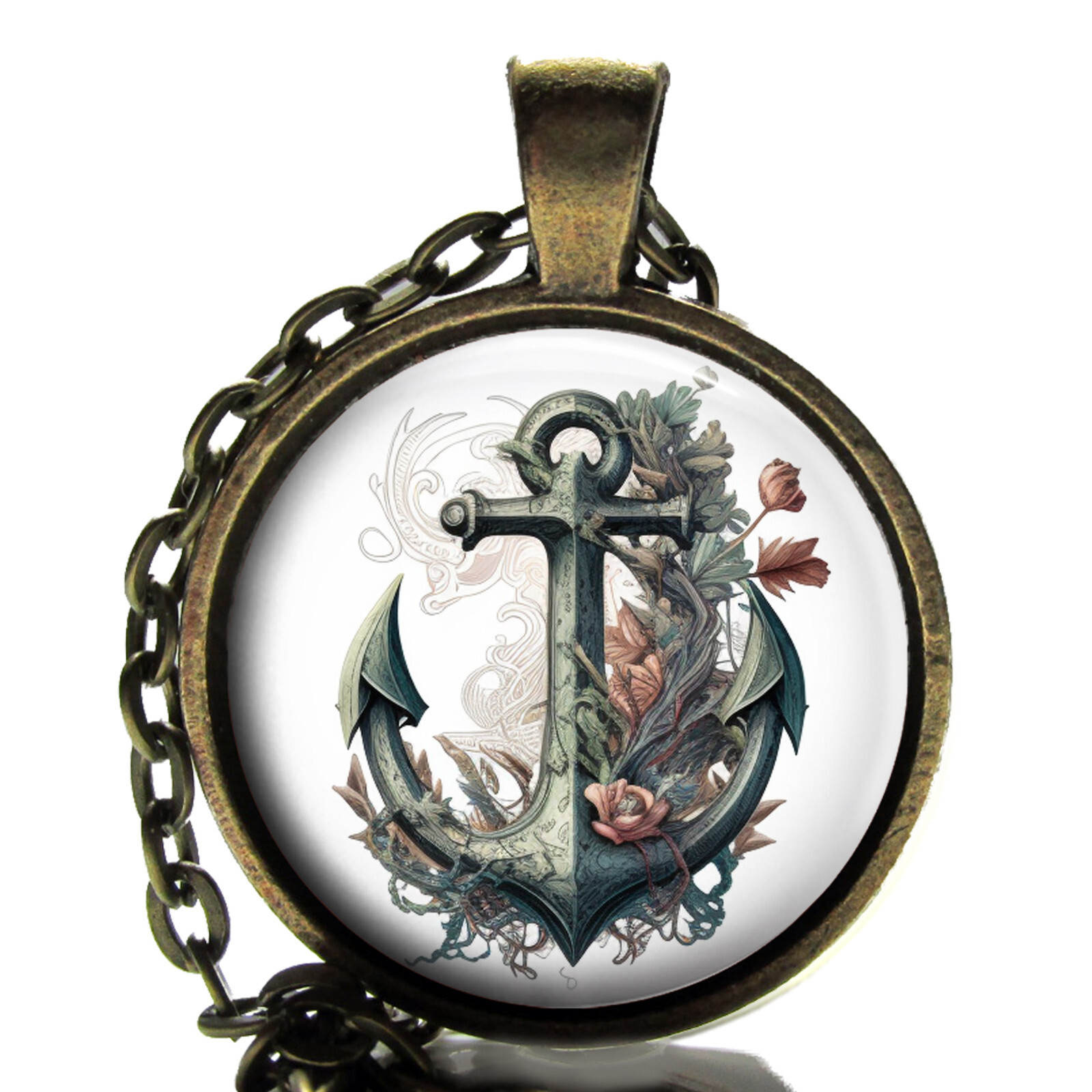 Vintage Anchor Flowers Art Nouveau Pendant Necklace Handcrafted Photo Jewelry