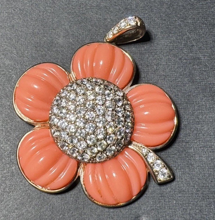 Vintage Ross Simons Sterling Silver Pink Resin Rhinestone 925 Flower Pendant