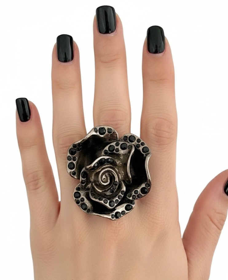 1.5/8” Diameter Black Rose Flower Casual Fun Statement Goth Punk Ring