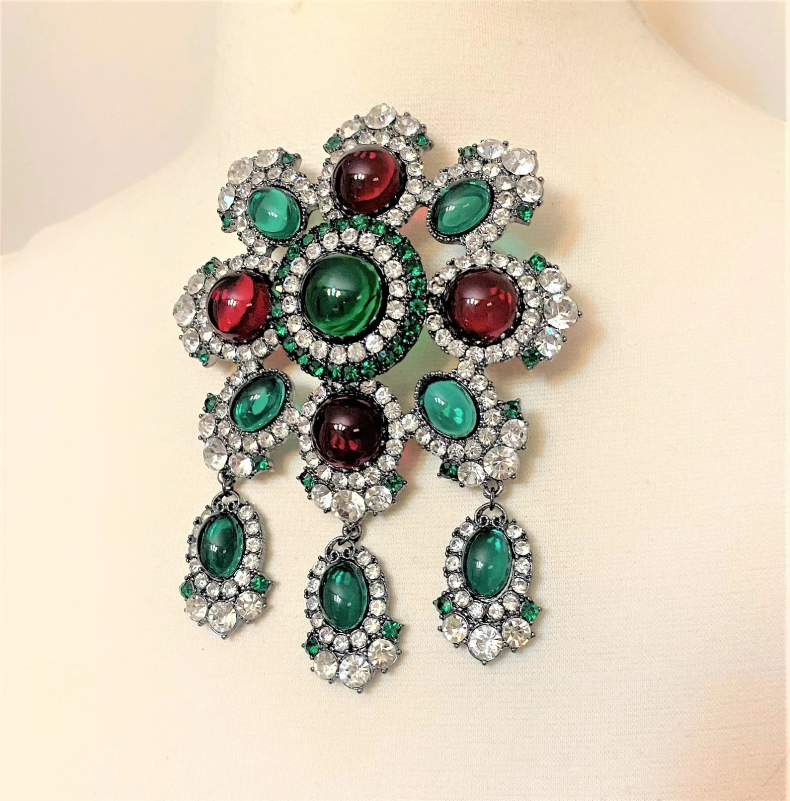 Signed Red, Green Glass Gripoix Style Cabochons, Rhinestones Large Pin Brooch 5″