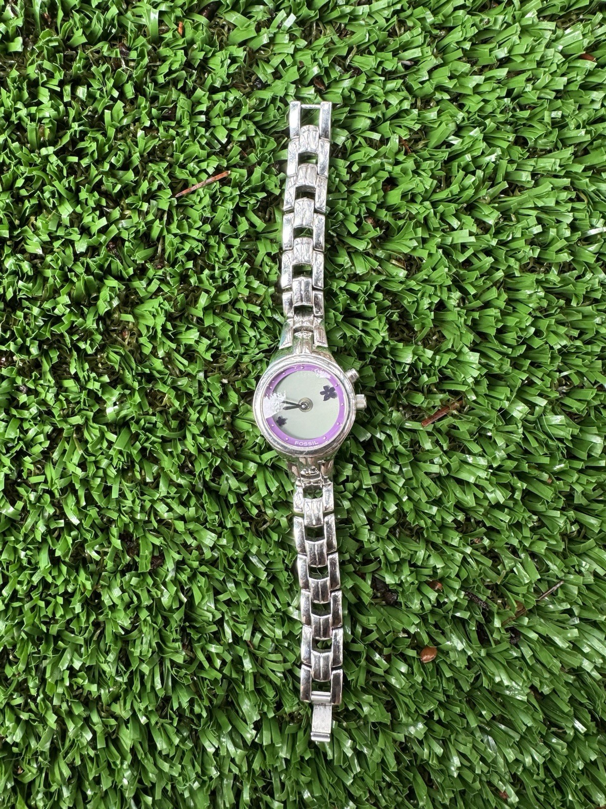 Fossil Ladies Watch Purple Bezel Flower Dial AS-IS Missing Case Back Repair