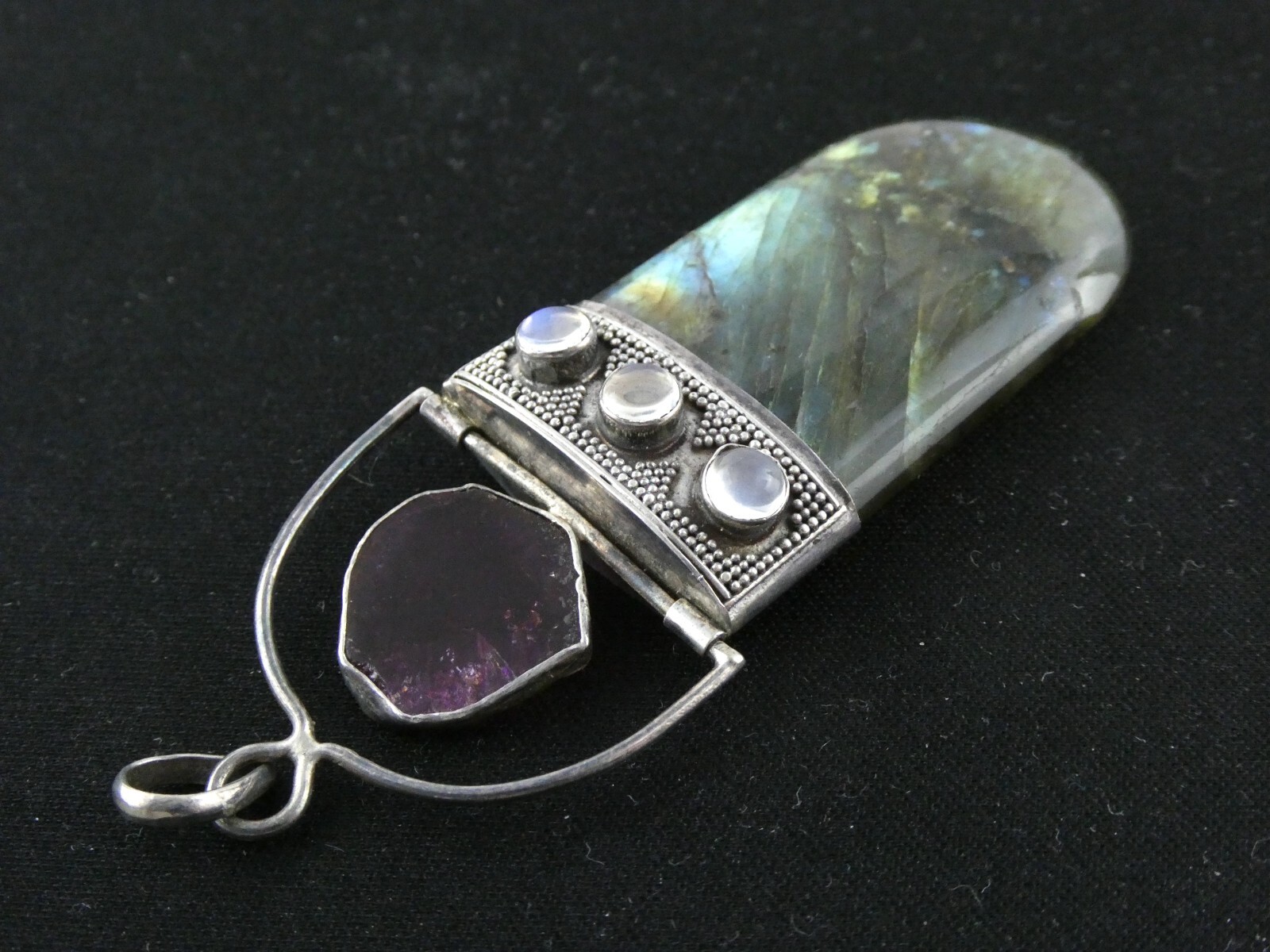 Sterling Silver Pink Tourmaline Slice Labradorite Moonstone Pendant 925 24.2g