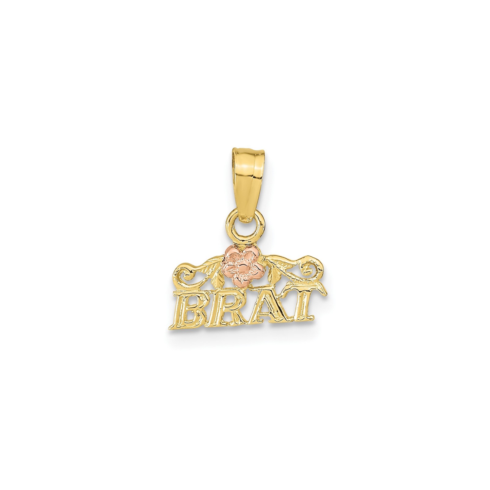 10k Two-Tone Gold Brat Pendant Rose Accent Scrollwork Floral Script Charm